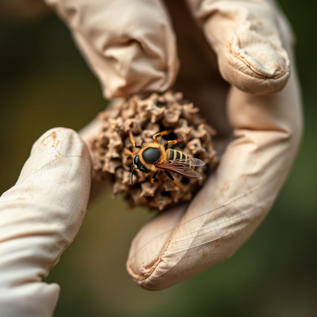 A detailed, close-up image of a wasp nest being carefully extracted by a gloved hand. The focus should be on the precision and safety of the removal process. The background should be blurred, emphasizing the nest as the focal point. Style: Professional and reassuring, highlighting the delicate nature of the task. Technical specs: 4K resolution, macro lens quality.
