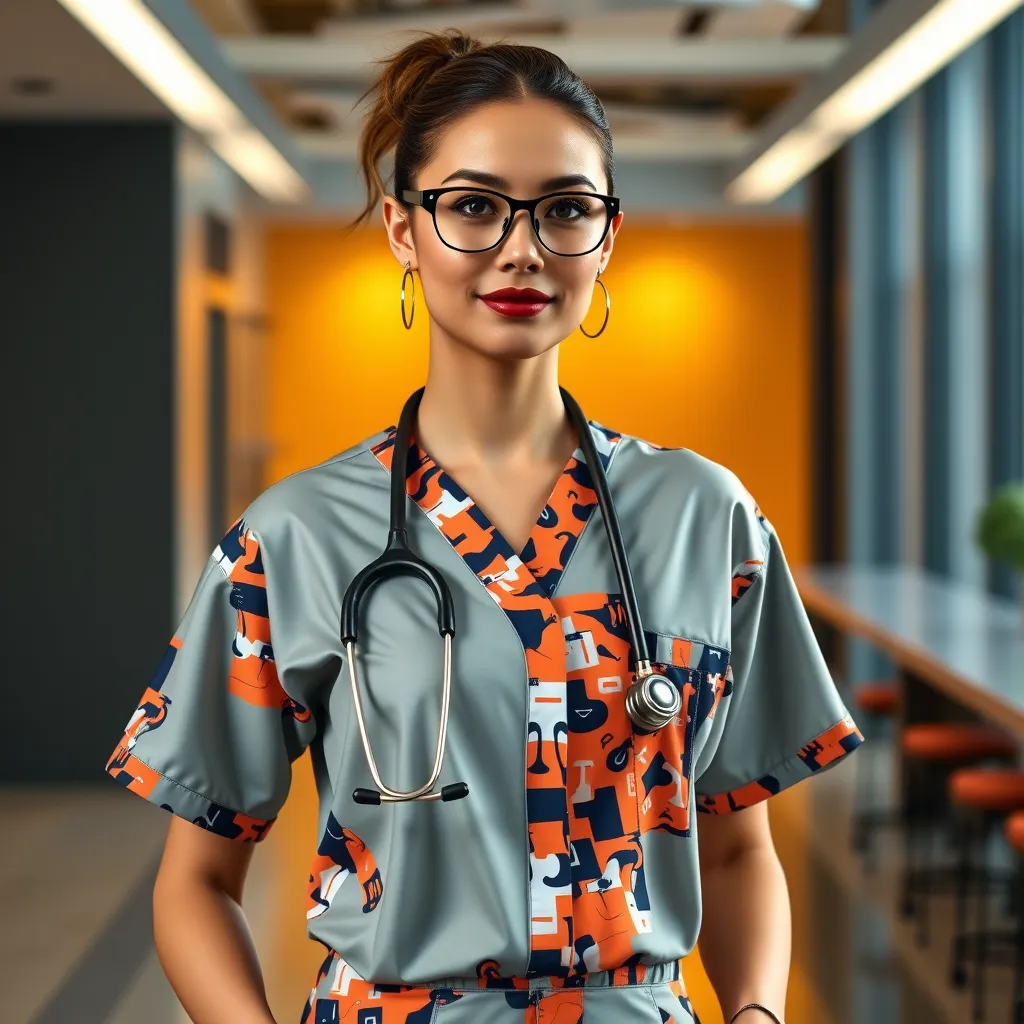 A fashion-forward medical professional wearing a stylish and modern medical scrub set, featuring a bold color, interesting pattern, and trendy details. The image should be set in a contemporary and vibrant setting.
