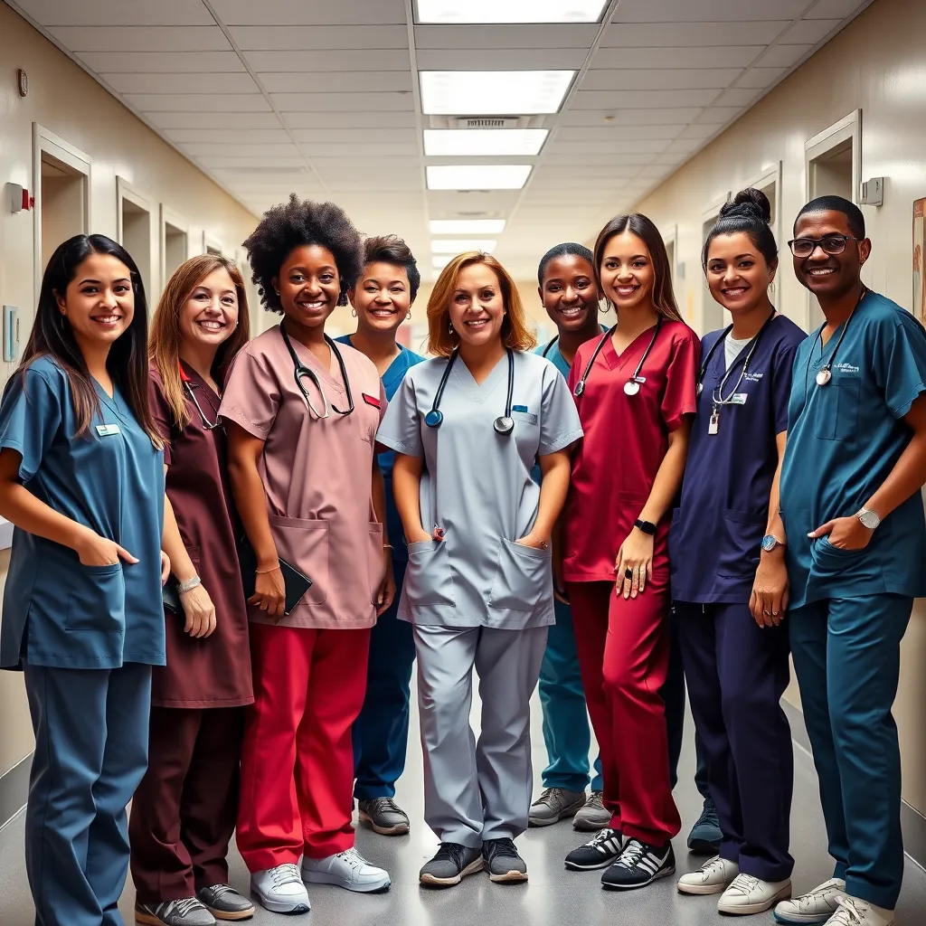 A group of diverse healthcare professionals wearing different styles of medical scrubs, smiling and interacting in a hospital setting. The image should showcase a variety of colors, patterns, and fits for scrubs.