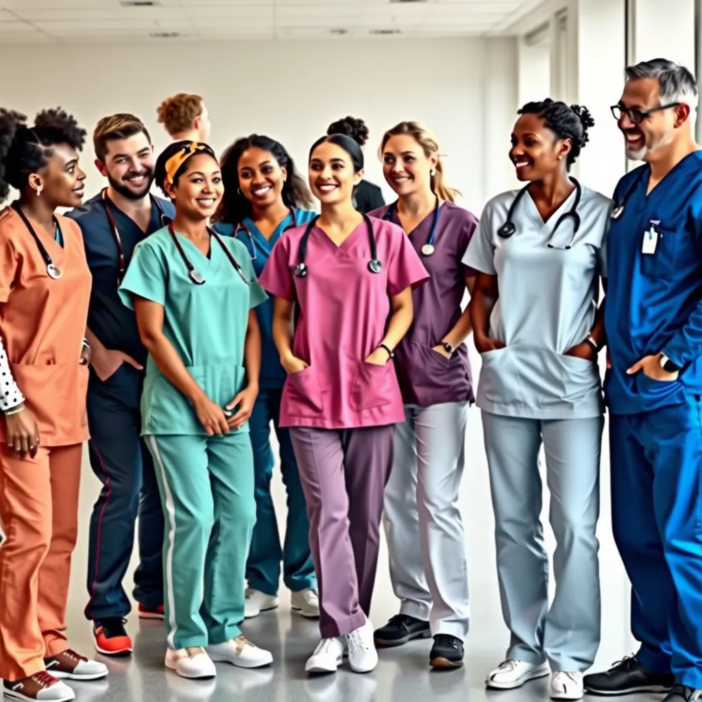 A group of diverse healthcare professionals, including doctors, nurses, and technicians, are wearing different styles of scrub uniforms. The uniforms showcase a range of colors, patterns, and fits, from classic to modern, with a focus on comfort and style. They are all smiling and interacting with each other in a hospital setting, highlighting the sense of teamwork and professionalism.