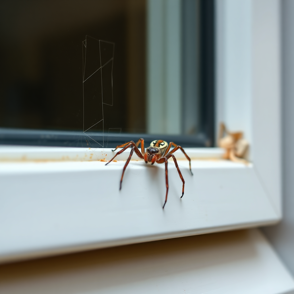 A photorealistic image of a close-up of a spider crawling on a windowsill, attempting to enter a house. The window should be sealed tightly and the spider should appear frustrated in its attempt. Use a shallow depth of field to blur the background and focus on the spider. Style: realistic, slightly humorous, to convey the effectiveness of the barrier. Technical specs: 4K resolution, high quality.