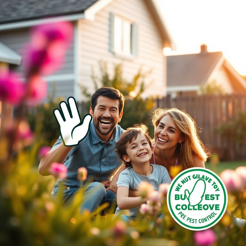 A photorealistic image of a family enjoying their backyard, free from pests. The image should be warm and inviting, with a focus on the happiness and well-being of the family. In the background, subtly show a 'White Glove Pest Control' sign, indicating their commitment to safety. Style: heartwarming, reassuring, and family-friendly. Technical specs: 4K resolution, high quality.