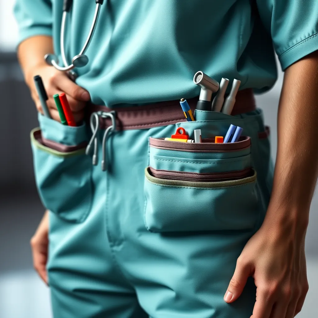 A photorealistic image of a healthcare professional wearing scrubs, showcasing the functional features like multiple pockets for tools and pens, a comfortable waistband, and other details that enhance practicality and comfort during their workday.
