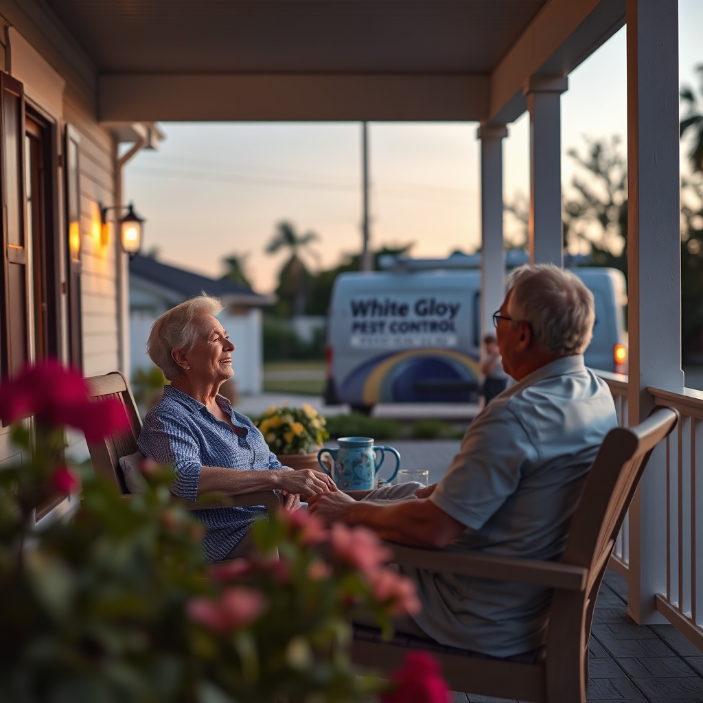 A photorealistic image of a homeowner relaxing on their porch, enjoying a pest-free evening. The image should be peaceful and serene, with a focus on the homeowner's contentment. In the background, subtly show a 'White Glove Pest Control' vehicle, indicating their contribution to the homeowner's peace of mind. Style: relaxing, serene, and aspirational. Technical specs: 4K resolution, high quality.