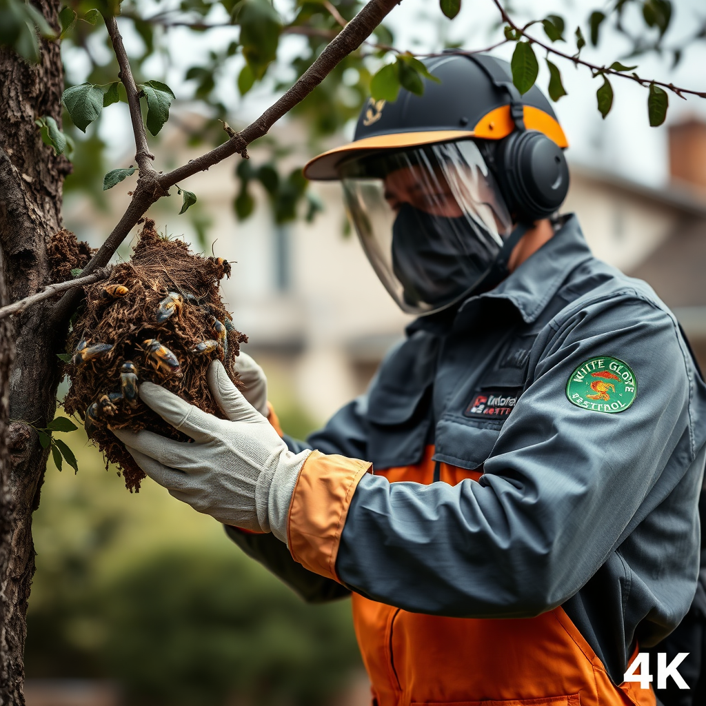 A photorealistic image of a 'White Glove Pest Control' technician carefully removing a hornet's nest from a tree branch. The technician should be wearing protective gear and the focus should be on their expertise and safety. The background should be a blurred residential area, emphasizing the technician's presence in a safe and controlled environment. Style: professional, trustworthy, and reassuring. Technical specs: 4K resolution, high quality.