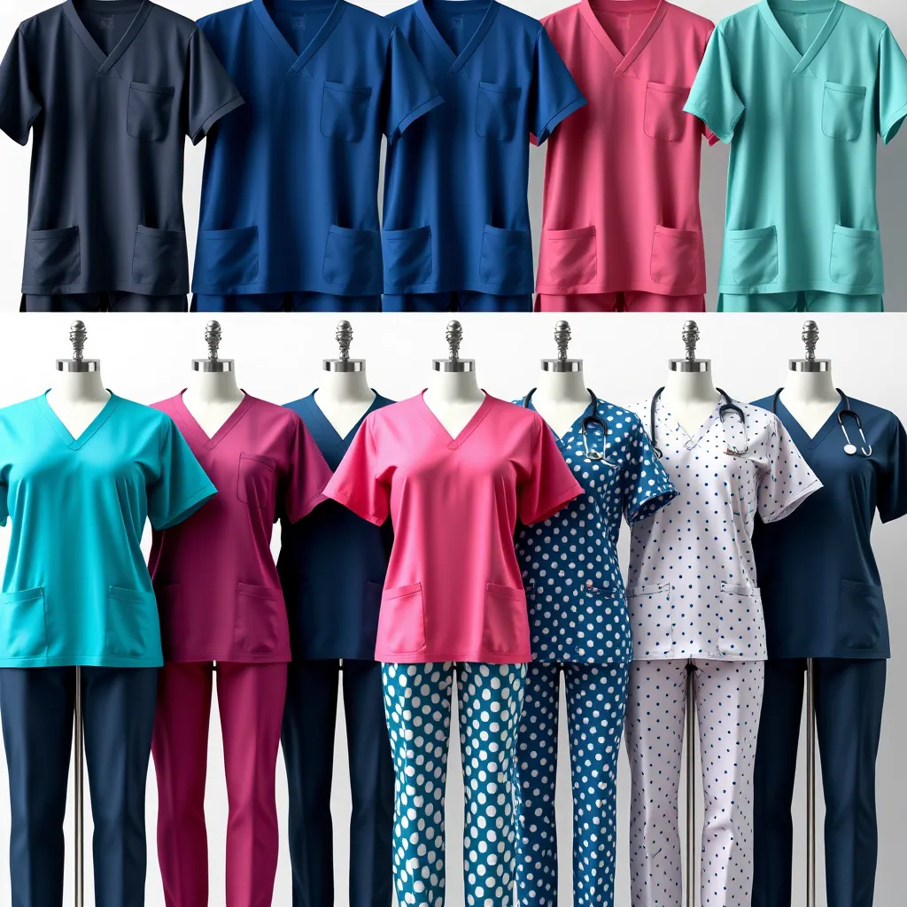 A photorealistic image showcasing a diverse collection of scrubs, including different colors like navy blue, teal, and pink, various patterns like stripes and polka dots, and different fits like slim fit and relaxed fit. Each scrub set should be displayed on a mannequin or worn by a model, showcasing the variety and style options available.