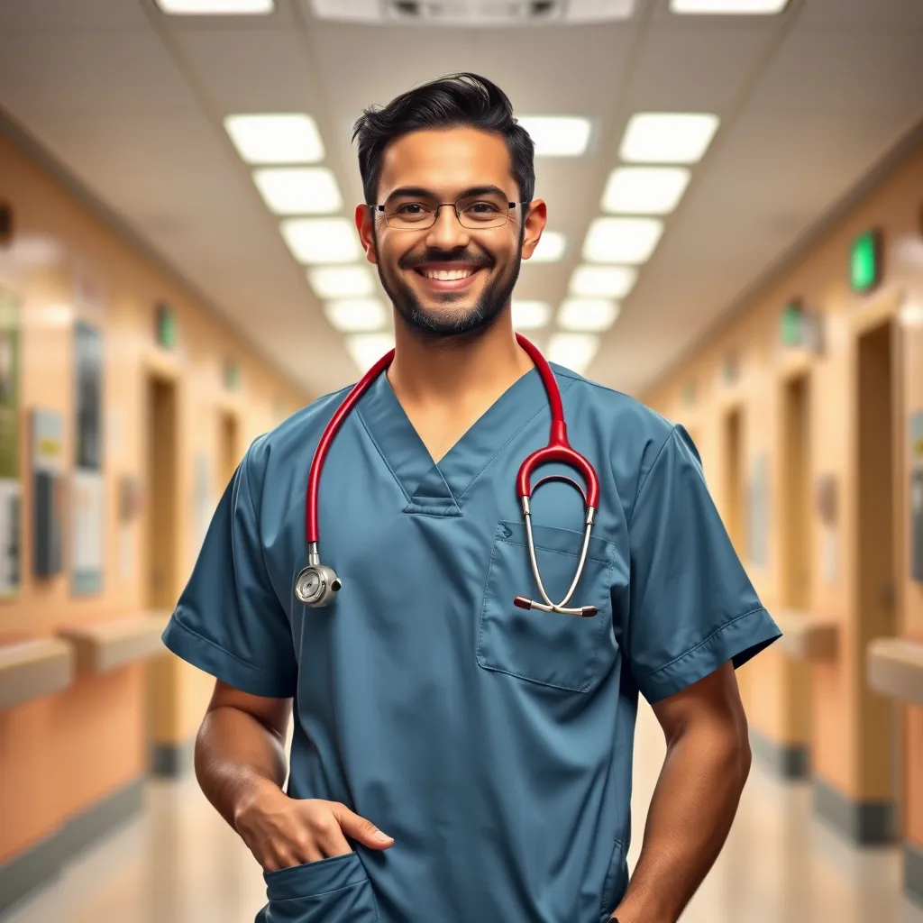 A portrait of a confident and smiling healthcare professional wearing a ScrubStyle uniform, standing tall and looking directly at the camera. The background should be a dynamic hospital setting, with a sense of energy and movement, showcasing the uniform's ability to enhance professional confidence.