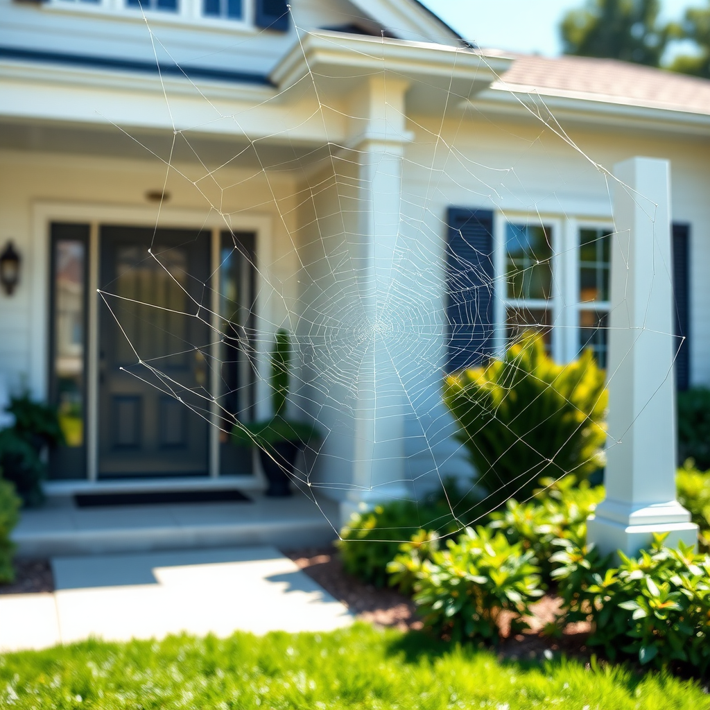 A pristine home exterior, free from spider webs, sparkling in the sunlight. Focus on the clean lines of the architecture and the well-maintained landscaping. The image should evoke a sense of cleanliness and order. Style: Clean, bright, and inviting. Technical specs: 4K resolution, wide-angle shot.