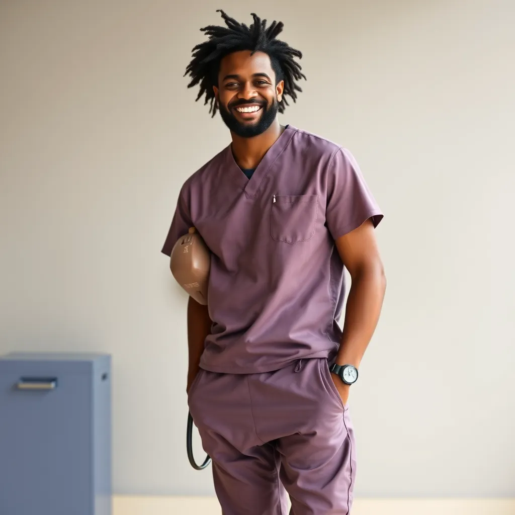 A smiling female doctor wearing a vibrant blue scrub top and matching pants, standing confidently in a hospital hallway, with natural light streaming in from a window. The scrub top features a modern, stylish design with a subtle pattern. She is holding a clipboard and smiling at the camera, conveying a sense of professionalism and comfort.