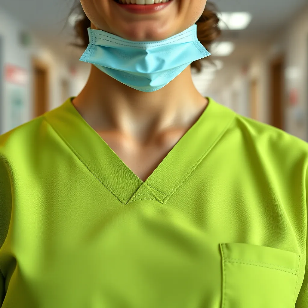 Close-up shot of a healthcare professional wearing a medical scrub top, highlighting the soft, breathable fabric and the comfortable fit. The background should be a blurred hospital environment.