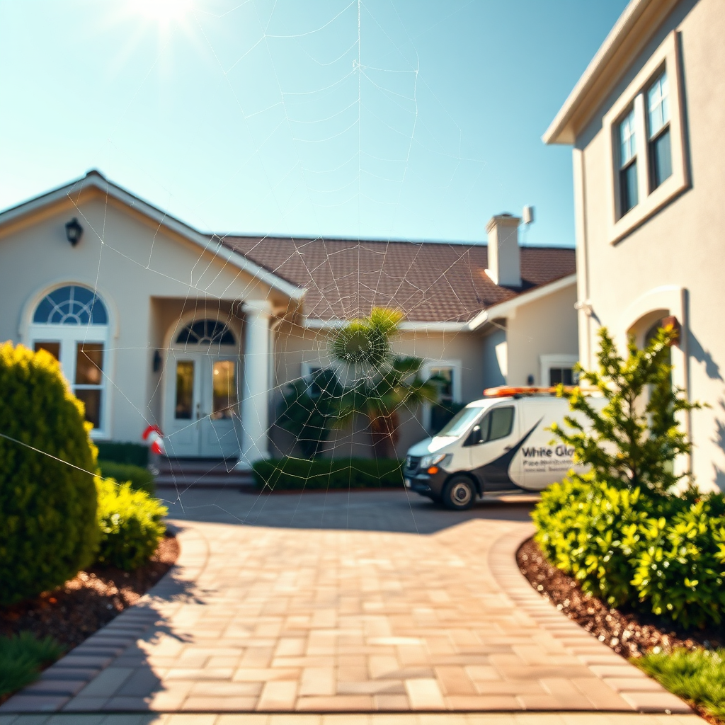 Create a photorealistic image of a pristine home exterior, free of spider webs, sparkling in the sunlight. Focus on the clean lines of the architecture and the well-maintained landscaping. In the background, show a subtle hint of a 'White Glove Pest Control' vehicle driving away. Camera angle: wide shot, showcasing the entire house. Style: Clean, bright, and inviting. Technical specs: 4K resolution, high quality.