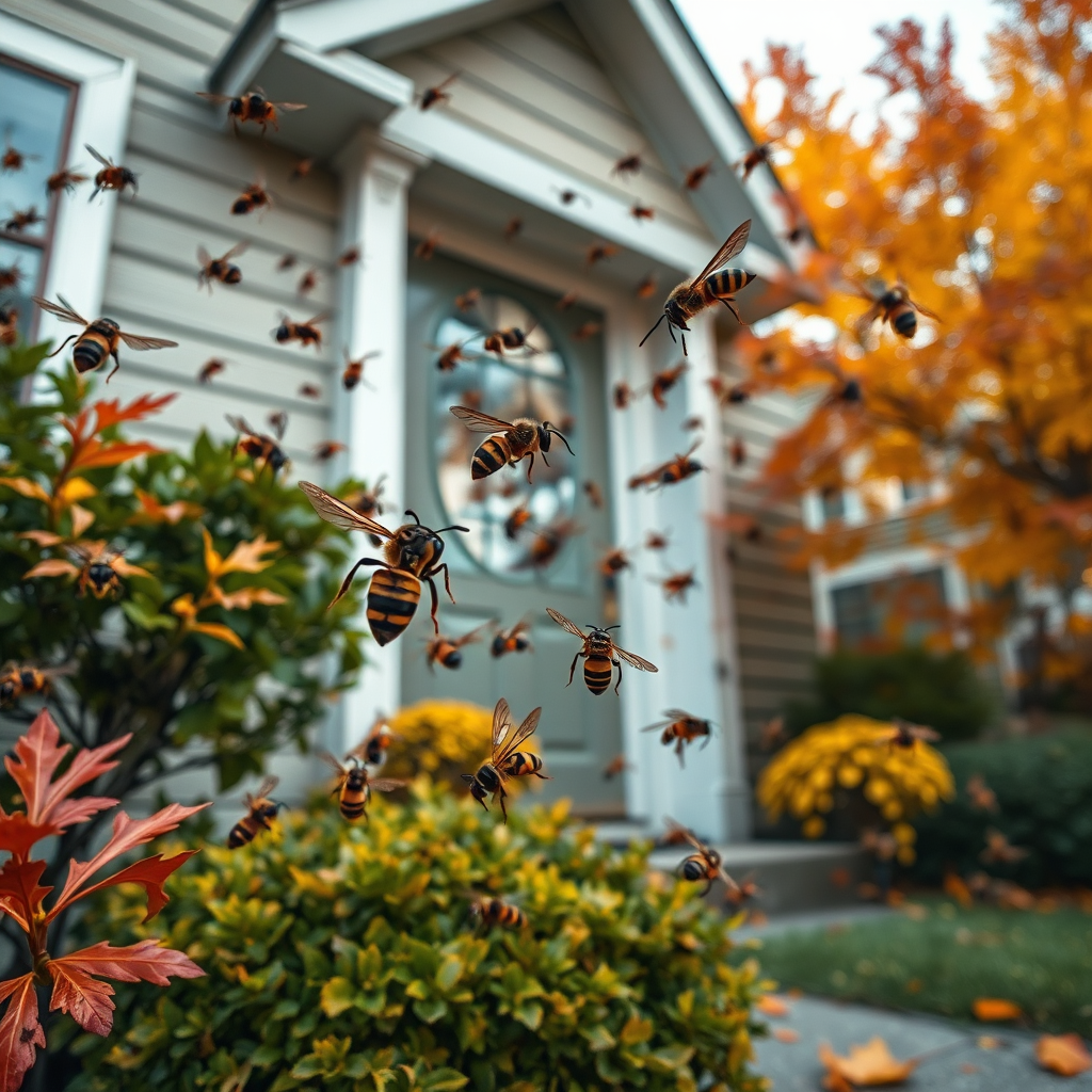 Create a photorealistic image of wasps and hornets swarming around the entrance to a typical suburban home during the fall. The image should be slightly ominous, with a focus on the potential threat these pests pose. Emphasize the autumn colors and the contrast between the vibrant foliage and the dark, menacing insects. Camera angle: slightly low, looking up at the house. Focus on the detail of the wasps and hornets. Style: Realistic, slightly dramatic, to convey the urgency of pest control. Technical specs: 4K resolution, high quality.