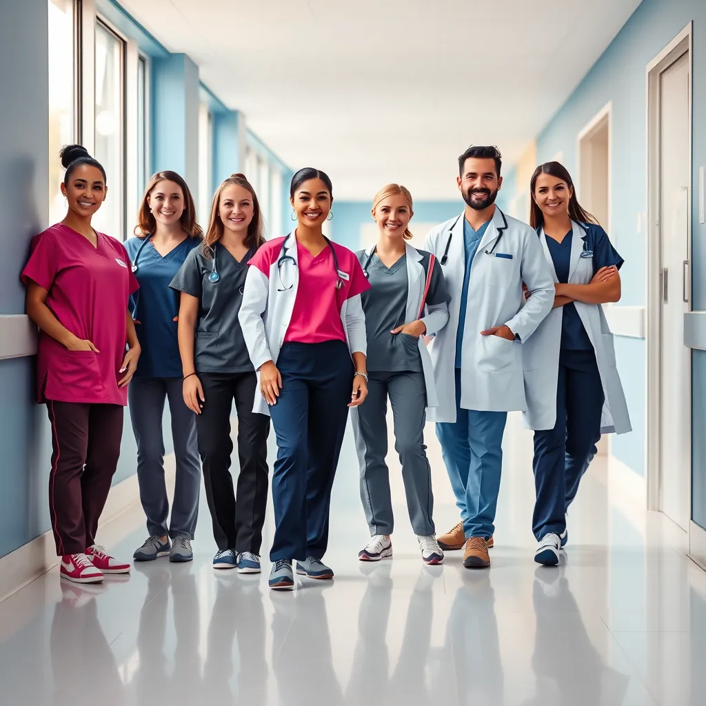 Generate an 8K resolution, hyperrealistic image for a landing page header. The image should feature a diverse group of healthcare professionals - a doctor, a nurse, a technician, and a pharmacist - standing in a modern hospital hallway, exuding professionalism and confidence. The hallway is bright and airy, with large windows allowing natural light to stream in. The walls are a soft, calming blue, and the floors are a clean, white tile. Each professional is wearing a different, stylish Scrub Style uniform, showcasing the brand's variety and quality. The uniforms are vibrant and modern, incorporating subtle details like piping and contrasting stitching. The doctor is wearing a white lab coat over a blue scrub top and matching pants. The nurse is in a bright pink scrub top with a white lab coat and a stethoscope around her neck. The technician is wearing a stylish grey scrub top with contrasting white stripes and matching pants. The pharmacist is in a navy blue scrub top and pants with a white lab coat. The camera angle is slightly elevated, looking down at the group, creating a sense of grandeur and showcasing the professionalism of the healthcare team. The image should have a warm, inviting feel, emphasizing the comfort and style of Scrub Style Uniforms., ultra high resolution, photorealistic, 8K, hyperdetailed, cinematic lighting