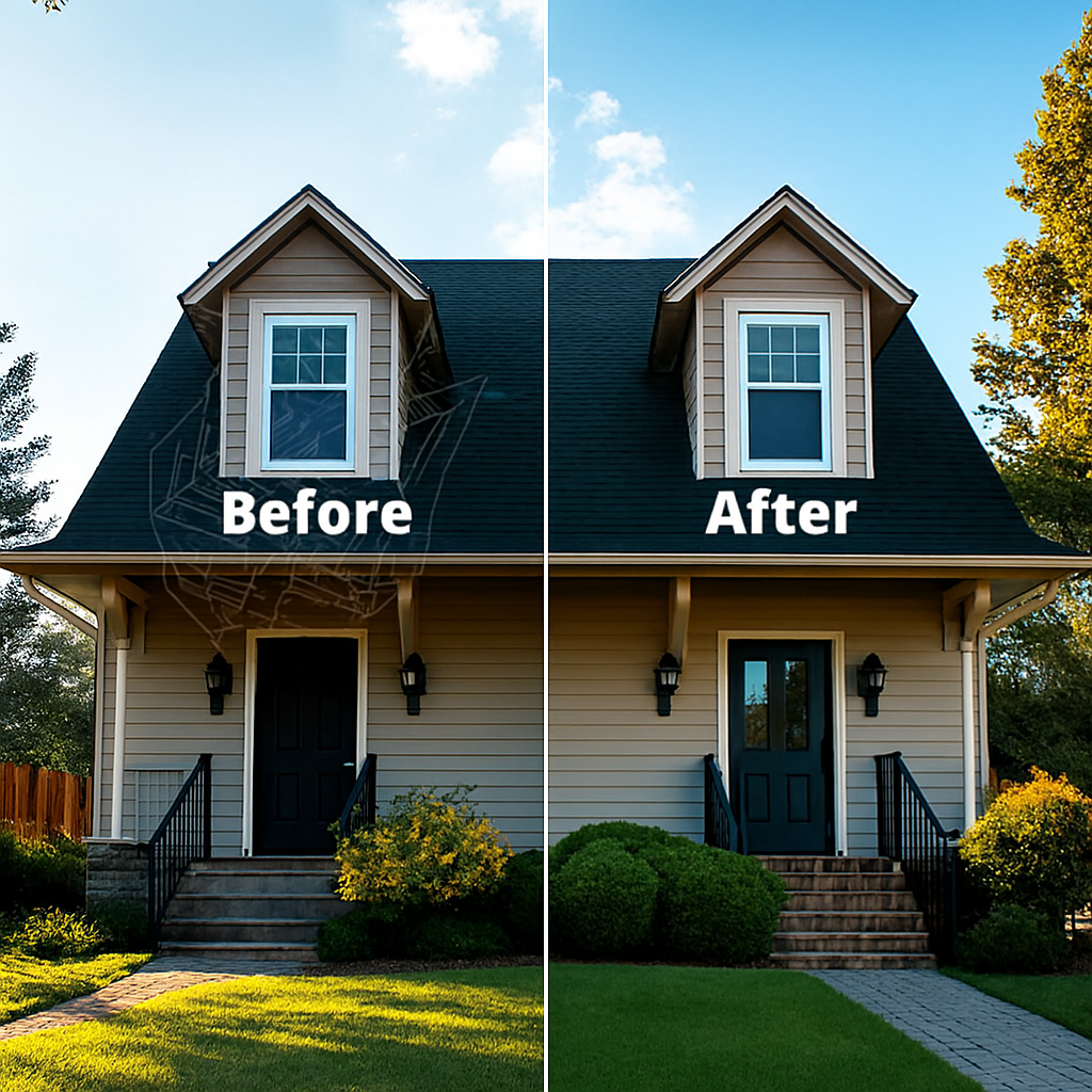 A photorealistic image of a before-and-after comparison, showing a house covered in spider webs on one side and the same house sparkling clean and web-free on the other side. The contrast should be striking and the emphasis should be on the dramatic improvement in appearance. Style: clean, impactful, and persuasive. Technical specs: 4K resolution, high quality.