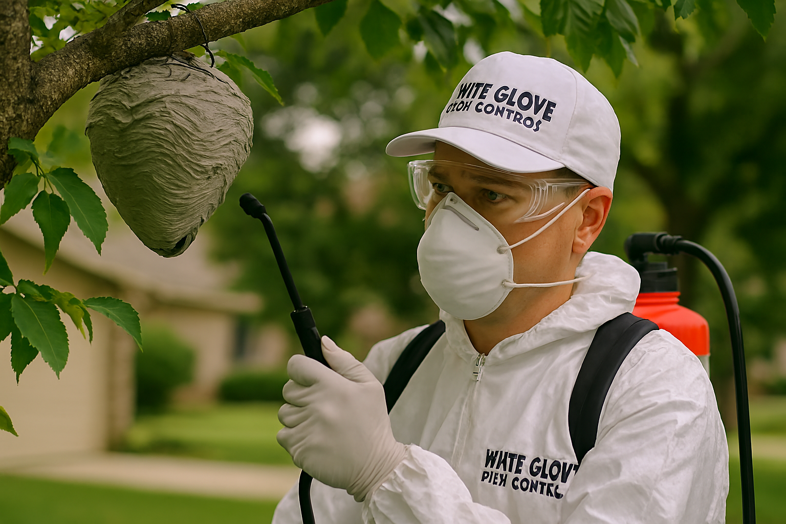 A photorealistic image of a wasp nest hanging precariously from the eave of a house. The nest should appear large and intimidating. The focus should be on the detail of the nest's construction and the potential danger it poses. Use dramatic lighting to emphasize the shadows and highlight the texture of the nest. Style: slightly ominous, to underscore the need for professional removal. Technical specs: 4K resolution, high quality.