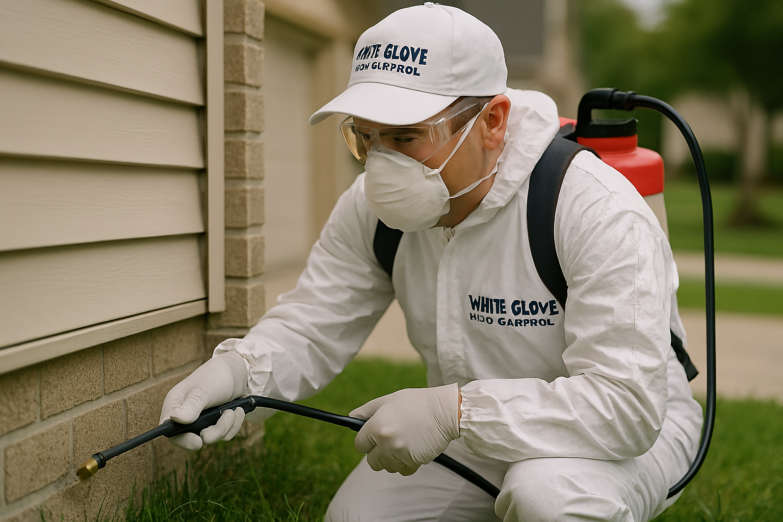 Create a photorealistic image of a 'White Glove Pest Control' technician carefully applying a pest control solution around the eaves of a house. The technician should be wearing protective gear and the focus should be on their precision and care. The background should be a blurred residential area, emphasizing the technician's presence in a safe and controlled environment. Camera angle: medium shot, focusing on the technician's actions. Style: Professional, trustworthy, and reassuring. Technical specs: 4K resolution, high quality.