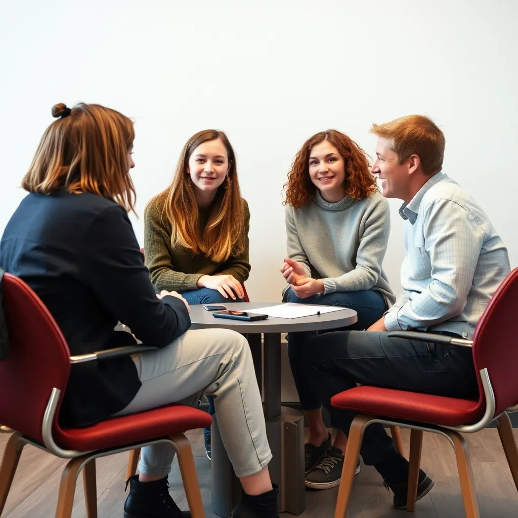A group of therapists and doctors gathered around a table, engaged in a lively discussion. They are looking at a case study on a laptop and using whiteboards to draw diagrams and write notes. The room is bright and airy, with a large whiteboard on the wall and a comfortable seating arrangement.