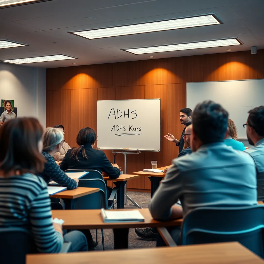  A classroom setting with a diverse group of people attending an ADHS course. The teacher is at the front, explaining a concept using a whiteboard with the words 'ADHS Kurs' written on it. The participants are engaged, taking notes and asking questions. The atmosphere is focused and positive.