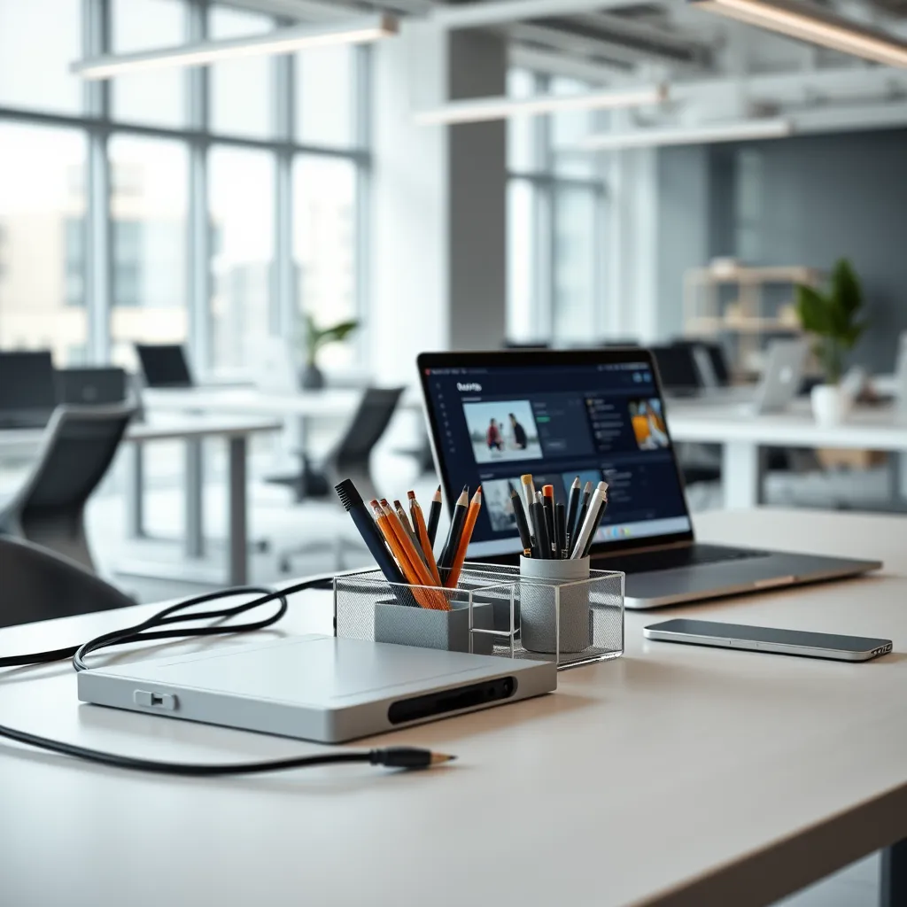A clean and organized desk with a cable management system, a desktop organizer with compartments for pens, pencils, and other stationery, and a laptop open to a productivity app. The background is a modern office with natural light and a minimalist aesthetic. 