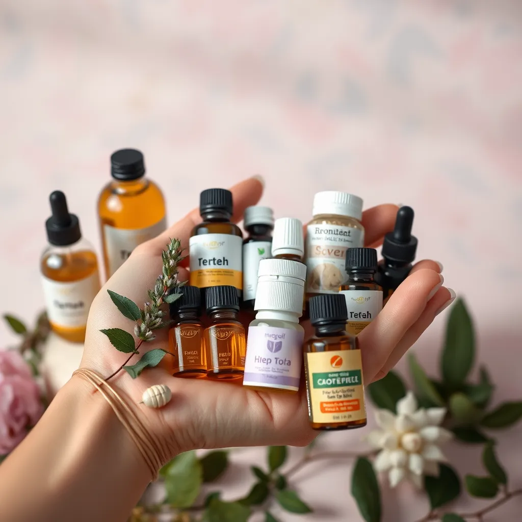 A close-up image of a woman's hand holding a variety of natural remedies and supplements, such as herbal teas, essential oils, and vitamins, with a background of soft pastel colors suggesting a peaceful and calming atmosphere.