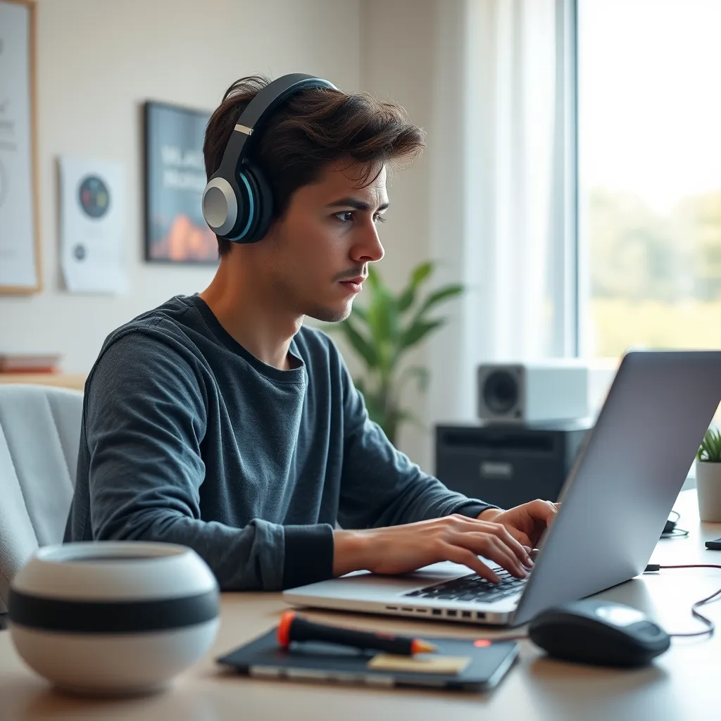 A close-up photorealistic image of a person with ADHD sitting at a desk in a home office, focused on working on a laptop.  The person is wearing noise-canceling headphones and a fidget toy. The desk is clean and organized, with a minimalistic aesthetic, with a white noise machine playing in the background.  The image should convey a sense of calm and focus, with soft, natural light coming in through a nearby window. The image should be in 8K resolution, hyperrealistic, and ultra-detailed, with a focus on textures and materials. The person's facial expression should be one of relaxed focus and concentration.  The image should evoke a sense of peace and tranquility, and the lighting should be soft and diffused, creating a calming atmosphere.