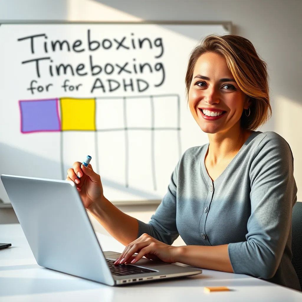 A close-up photorealistic image of a woman, mid-30s, with a bright smile and warm, inviting eyes. She is sitting at a sleek, minimalist desk with a laptop open and a colorful whiteboard behind her. The whiteboard has a large, handwritten title "Timeboxing for ADHD" with different coloured squares representing blocks of time for various tasks. The woman is pointing to a specific block with a vibrant blue marker. Soft, natural lighting illuminates the scene, with subtle shadows highlighting the desk and the whiteboard.  The overall mood is one of positive productivity and focused energy. 8K resolution, hyperrealistic.