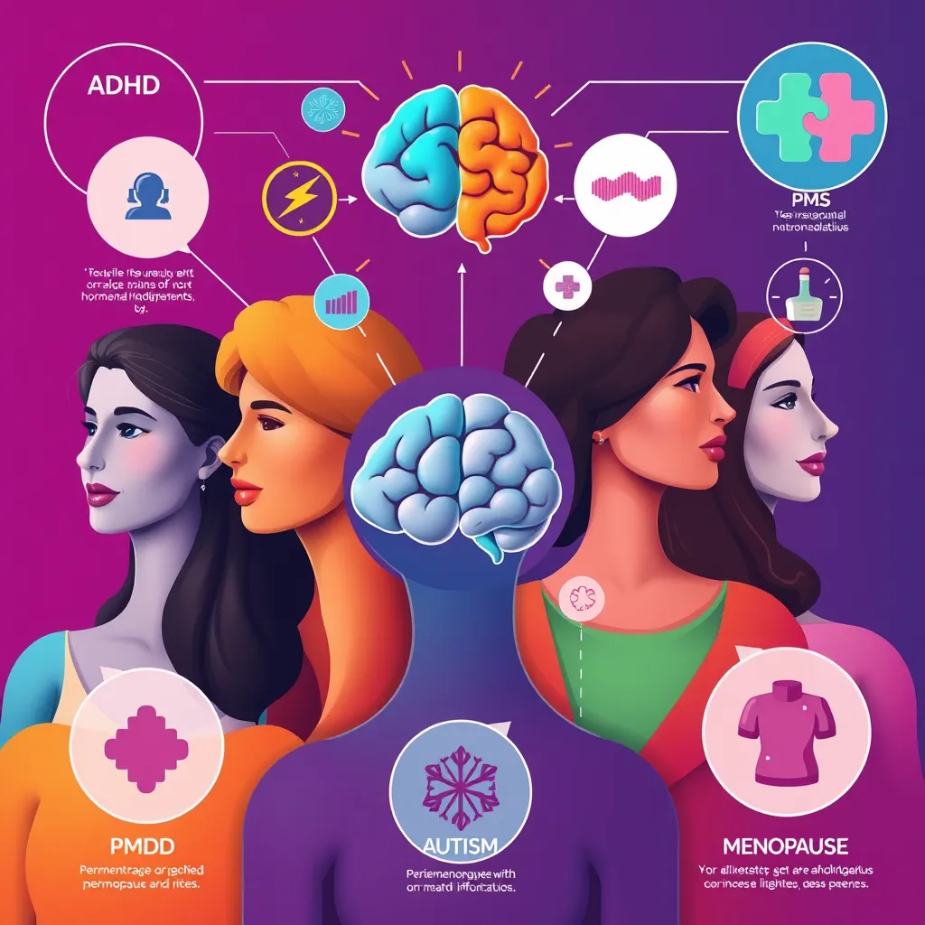 A colorful infographic showing a diverse group of women with different neurodivergent conditions. Each woman is surrounded by symbols representing their unique experiences with hormonal fluctuations, such as a brain with lightning bolts for ADHD, a puzzle piece for Autism, and various symbols representing PMS, PMDD, perimenopause, and menopause.