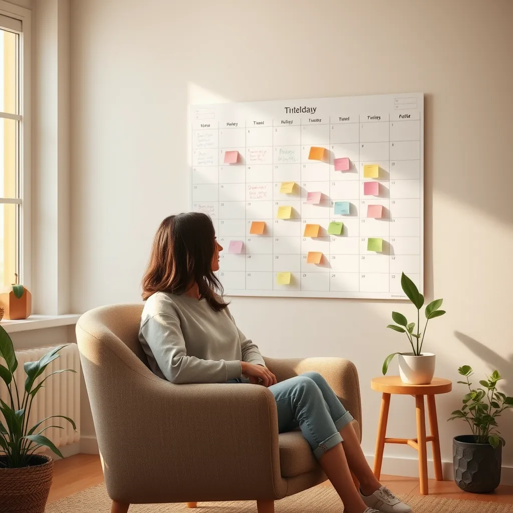 A cozy and inspiring image of a woman, mid-20s, sitting in a comfortable armchair surrounded by natural light.  She is looking thoughtfully at a large, colourful calendar on a wall. The calendar is filled with handwritten notes and coloured blocks, representing her personalized timeboxing schedule.  A warm, inviting atmosphere with soft lighting and a few well-placed houseplants conveys a sense of calm and focus.  The image has a minimalist aesthetic, emphasizing the power of simplicity and self-care.  8K resolution, hyperrealistic.