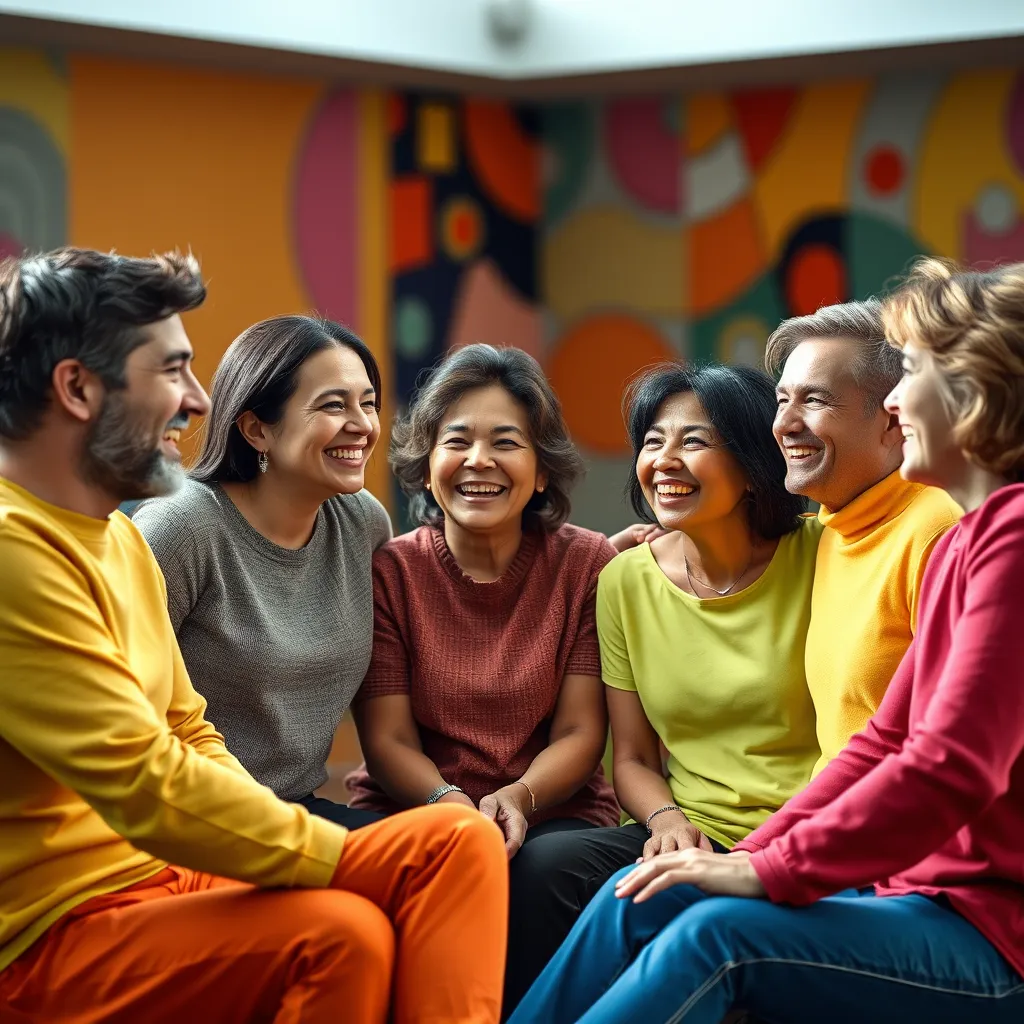  A diverse group of people with different ages and ethnicities, all wearing bright colors and smiling, sitting together in a circle, talking and laughing, with a bright and colorful background