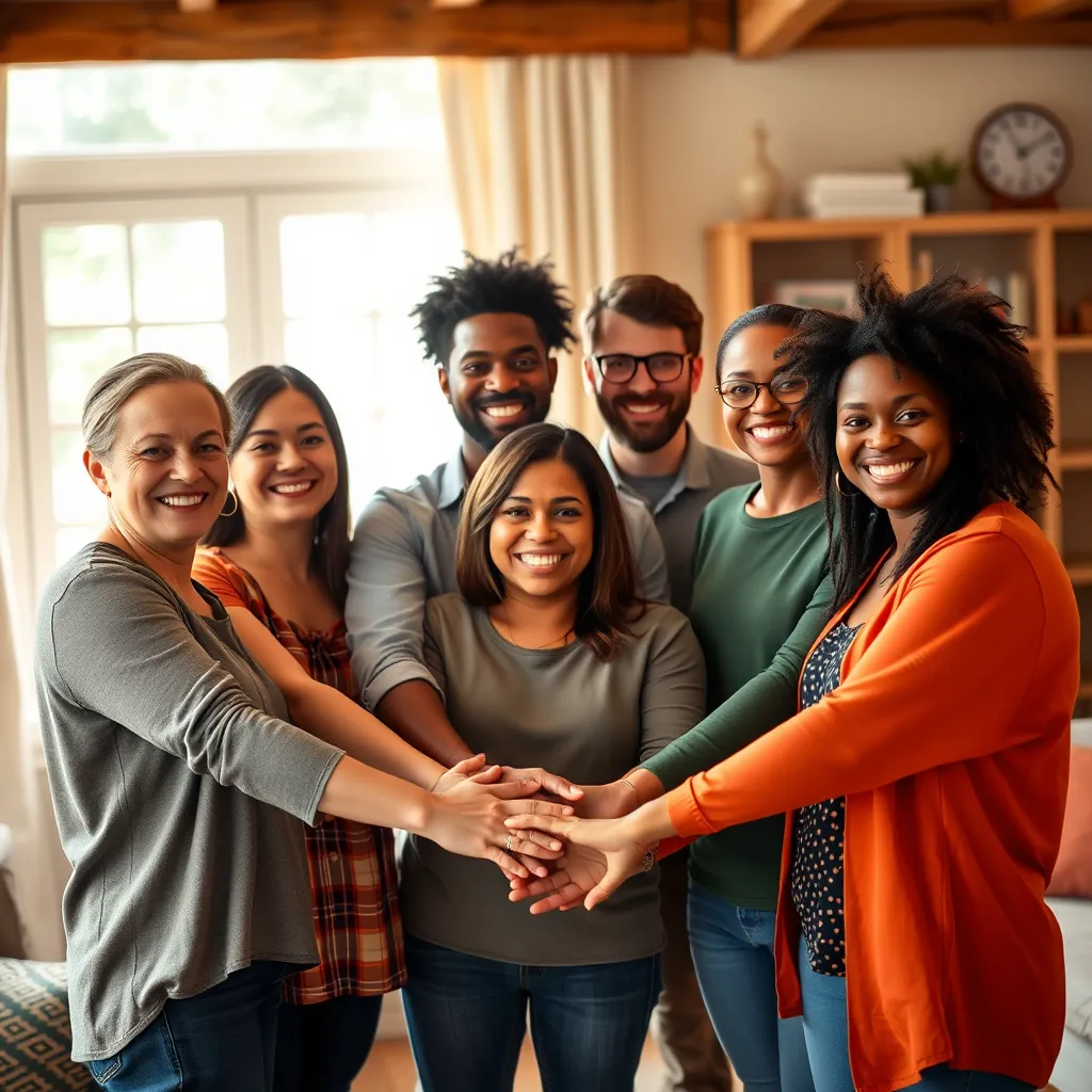 A diverse group of people with varying neurodivergent traits, all smiling and looking at the camera, standing in a circle with their hands intertwined. They are in a warm, inviting space, perhaps a cozy living room with natural light streaming in. The overall image should convey a sense of unity, acceptance, and support.