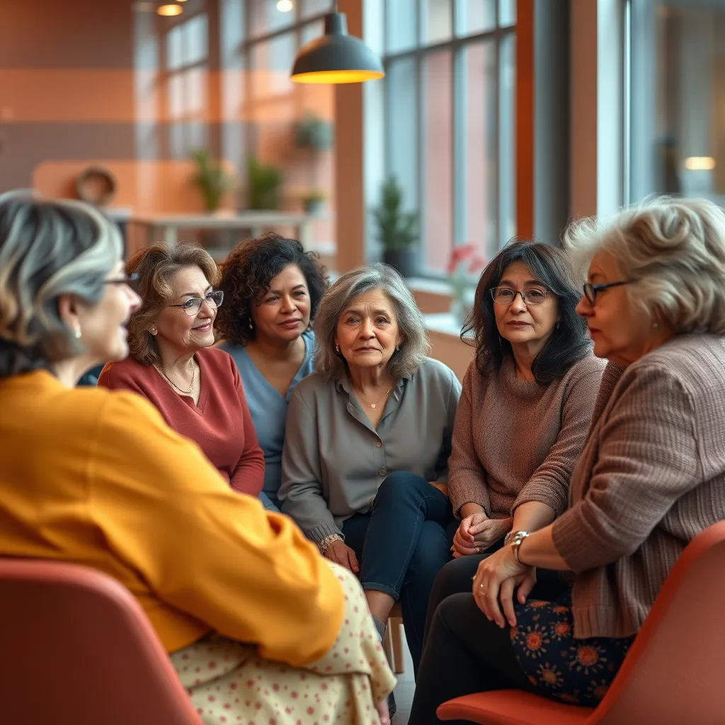 A diverse group of women of different ages, with varying expressions and body language, sitting in a circle, engaged in a discussion about neurodiversity and menopause. The background should be a vibrant and modern setting, representing a space for open dialogue and understanding.
