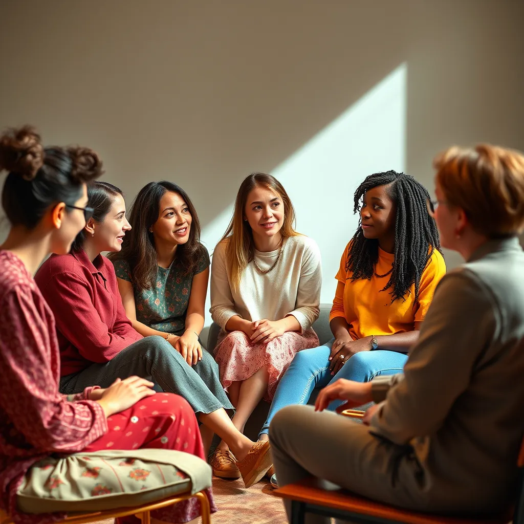 A diverse group of women with various neurodivergent traits, including ADHD and autism, are sitting in a circle, engaged in a supportive conversation about their experiences with hormonal fluctuations. They are sharing tips, advice, and resources, while a facilitator encourages open communication and understanding.