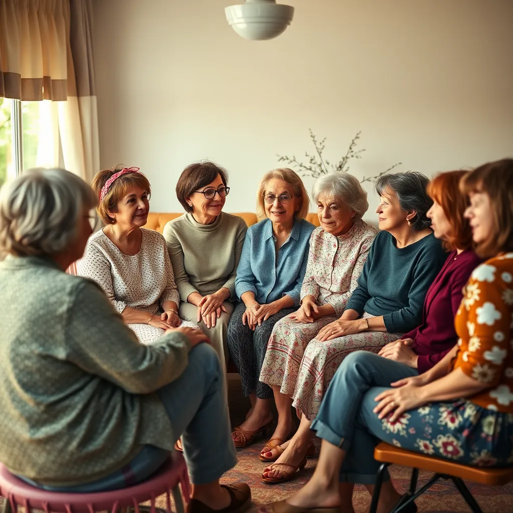 A diverse group of women with ADHD and autism, sitting in a circle, sharing their stories and experiences related to menopause and perimenopause, with a warm and supportive atmosphere.