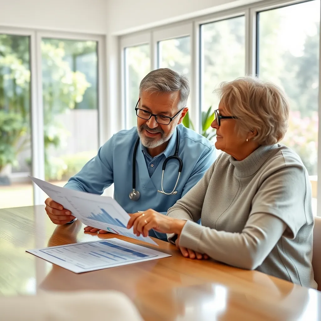 A doctor and a patient are sitting at a table, discussing a treatment plan. The doctor is holding a pen and pointing at a document with charts and graphs. The patient is looking at the document attentively. The room is bright and airy, with large windows overlooking a lush garden. There is a feeling of trust and understanding between the doctor and the patient.