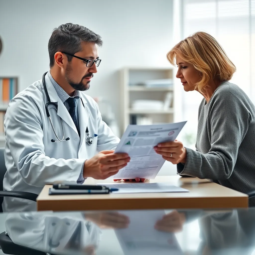 A doctor and a patient sitting at a table, discussing a medical chart. The doctor is wearing a white coat and the patient is looking thoughtful. The room is brightly lit and there are books and medical equipment in the background. The image should convey a sense of professionalism, empathy, and understanding.
