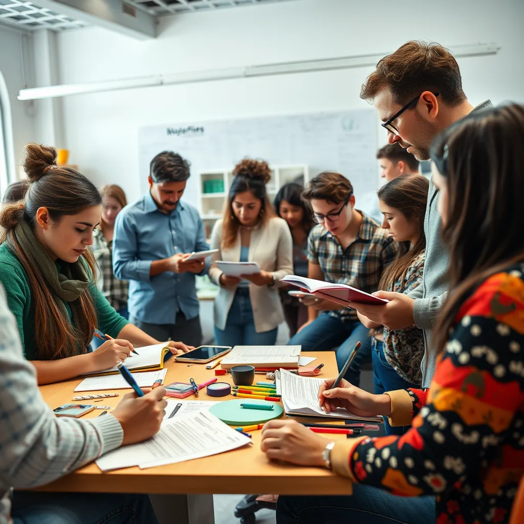 A group of diverse individuals participating in an interactive workshop, engaged in various exercises. Some are drawing or writing in notebooks, others are working in pairs, and some are discussing with the facilitator. The environment is bright and stimulating, with colorful tools and materials scattered around. The image should capture the dynamic and engaging nature of the workshop.