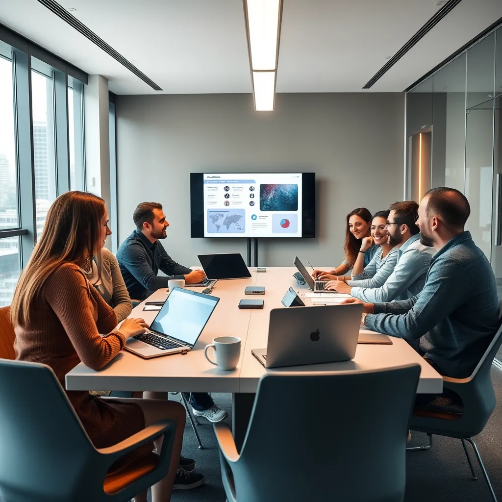 A group of diverse people sitting around a table in a modern, bright conference room. They are actively engaged in a discussion, with one person presenting information on a screen. There are laptops, notebooks, and coffee cups on the table. The atmosphere is positive and collaborative. 