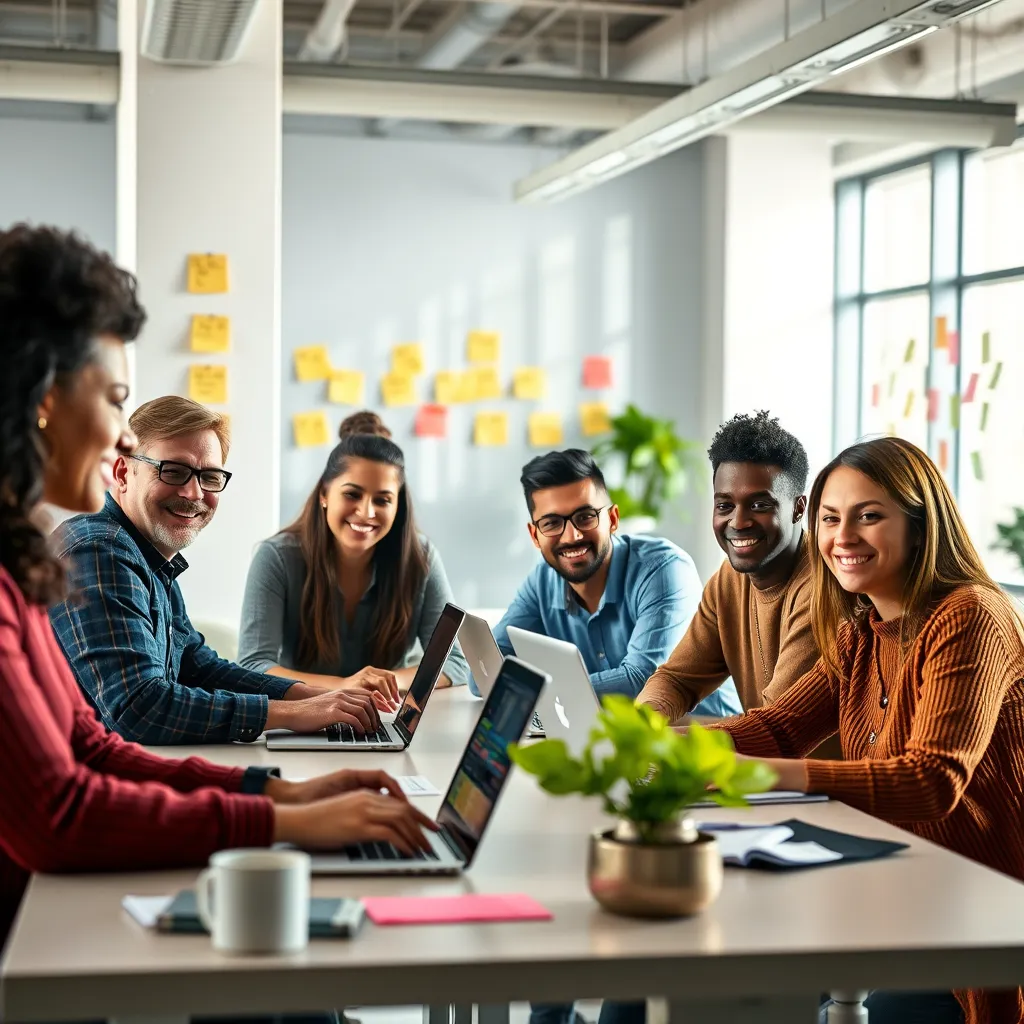 A group of diverse people smiling and working together on laptops in a bright, modern office space. There are sticky notes with deadlines and tasks on the walls. The overall atmosphere is positive and collaborative.