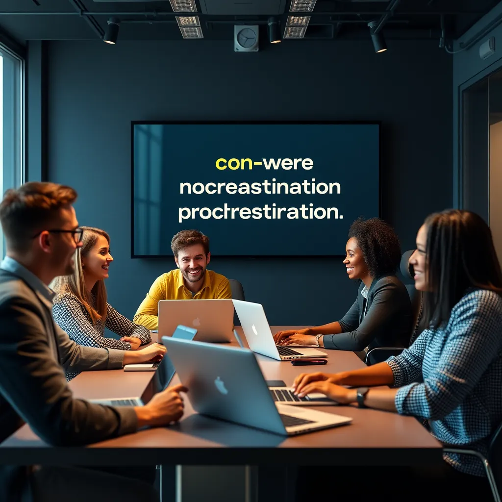 A group of diverse people with ADHD, sitting in a virtual meeting room, smiling and looking at each other, using laptops, with a motivational quote on the screen about conquering procrastination.