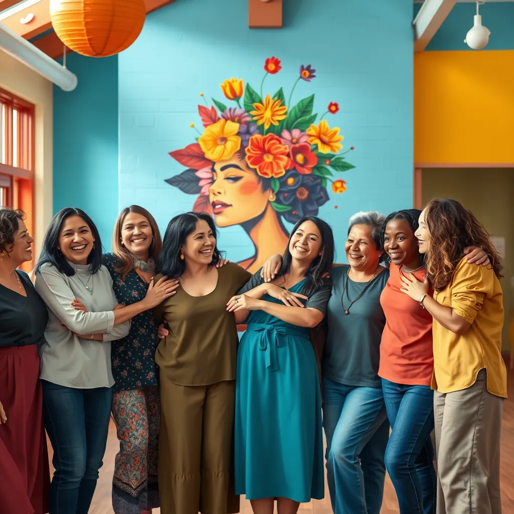 A group of diverse women of different ages and ethnicities stand together, their arms around each other, in a bright, colorful community center.  They are smiling and laughing, creating a welcoming and supportive atmosphere.  On the wall behind them is a mural featuring a woman with vibrant flowers growing from her head.  The image embodies a sense of sisterhood, strength, and inclusivity.