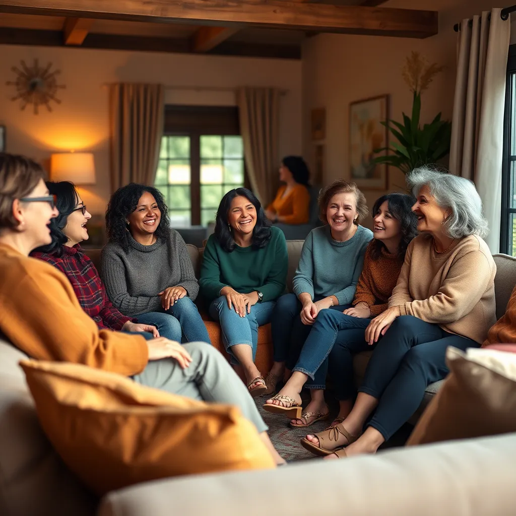 A group of diverse women sitting in a circle, laughing and talking, in a cozy and welcoming living room setting. The room has warm lighting and comfortable furniture. The women are all wearing casual and comfortable clothes. The scene should convey a sense of community and support.