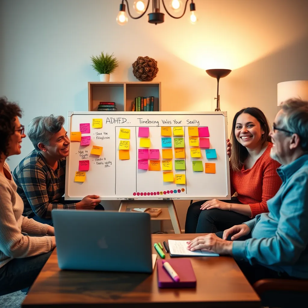 A group of four diverse people, all with ADHD, sitting around a table in a cozy living room setting. They are engaged in a discussion about Timeboxing techniques.  They are using a whiteboard with colorful sticky notes and markers to visualize their daily tasks.  A laptop with a calendar app is open on the table,  and everyone is smiling and engaged in the conversation.