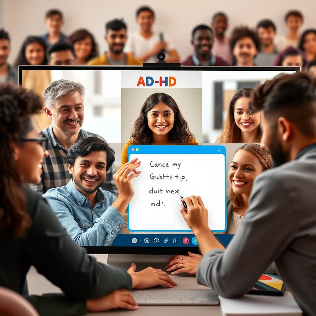 A group of people, all with ADHD, are gathered online in a video call. They are interacting with each other using a virtual whiteboard, a chat window, and emojis.  Everyone looks positive and supportive, sharing their experiences and tips with each other.  The background shows a diverse group of people from different cultures and ages.