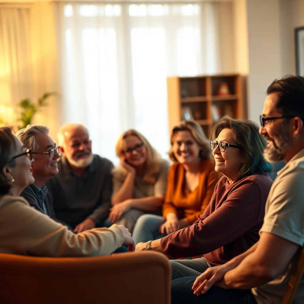 A group of people, both men and women, sitting in a circle in a warm, inviting room, talking and laughing, with a focus on the interaction and the sense of community. Everyone is diverse in age and ethnicity, with some wearing glasses and a few having brightly colored hair. The lighting is soft and warm, casting a gentle glow on the faces of the participants. The background is slightly blurred, emphasizing the focus on the group and their shared experience.
