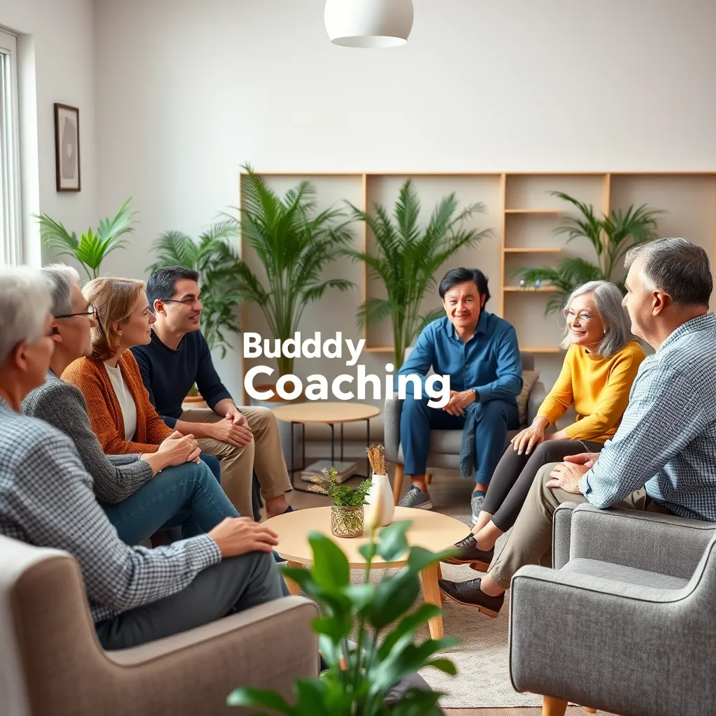  A group of people, diverse in age and appearance, sitting in a circle, talking and listening attentively to each other. The room is bright and welcoming, with comfortable furniture and plants. The atmosphere is positive and supportive. The title 'Buddy Coaching' should be visible in the background, subtly integrated into the scene.