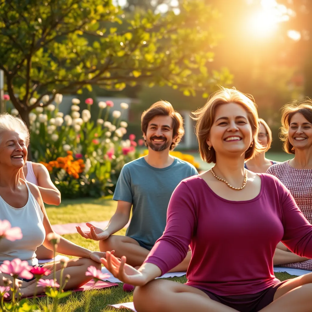 A group of people are engaged in various activities, including yoga, meditation, art therapy, and physical therapy. They are all smiling and looking relaxed. The setting is a beautiful and peaceful garden with flowers and trees. The sun is shining brightly, and the air is filled with a sense of calm and well-being.