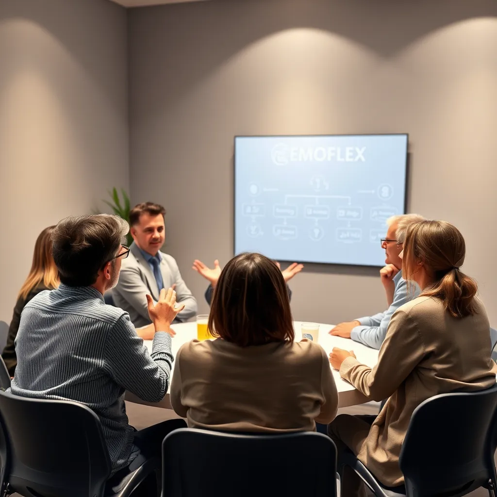 A group of people sitting around a table, listening attentively to a speaker presenting the concept of Emoflex. The speaker is gesturing with their hands, illustrating the process of transforming stress into inner images. The background is a calming, neutral space with soft lighting, suitable for a workshop setting. The image should convey a sense of curiosity and anticipation.