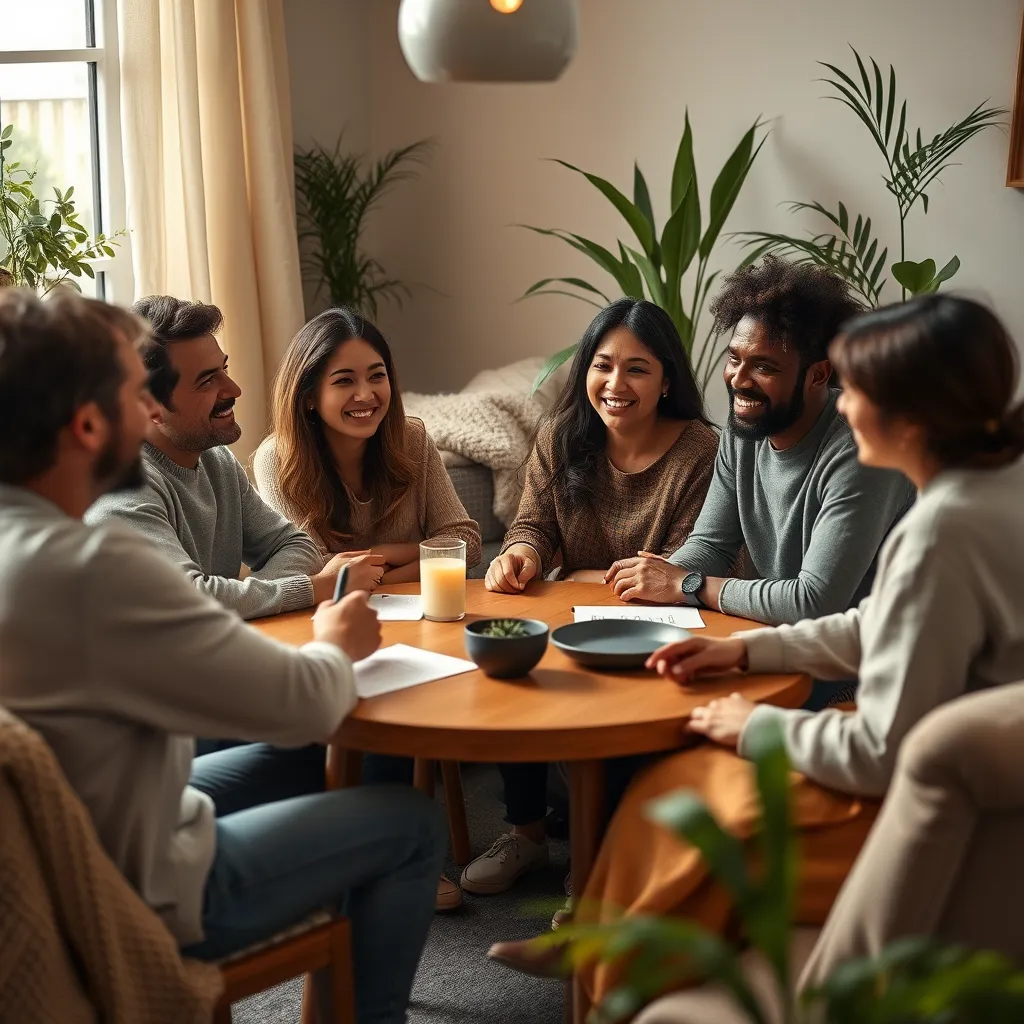 A group of people sitting around a table in a cozy room, sharing ideas and discussing their challenges. They have open expressions and are actively listening to each other. There is a warm atmosphere of mutual support and encouragement. In the background, there are soft blankets, pillows, and plants, creating a relaxing and inviting ambiance.