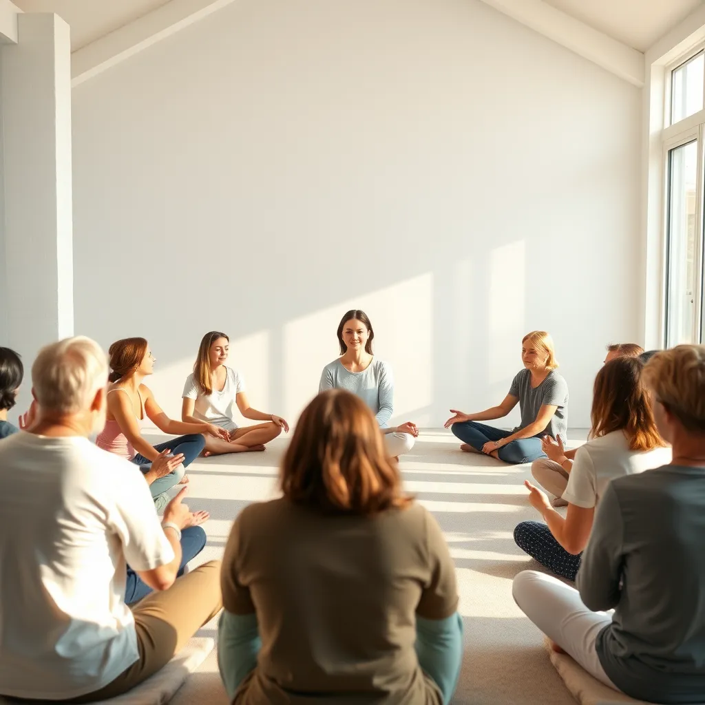A group of people sitting in a circle, engaging in a guided meditation session. The room should be bright and airy, with calming colors and natural light. One person in the center is leading the meditation, with a serene and relaxed expression.