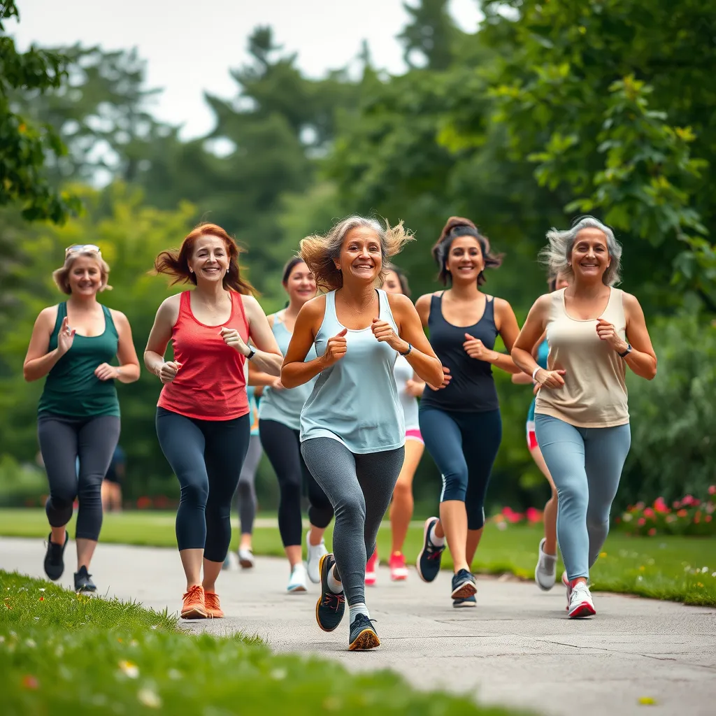 A group of women of different ages and backgrounds are exercising in a park. Some are doing yoga, some are running, and some are walking. They are all smiling and enjoying the experience. The park is beautiful, with lush greenery and flowers. The image conveys a sense of community, empowerment, and joy.